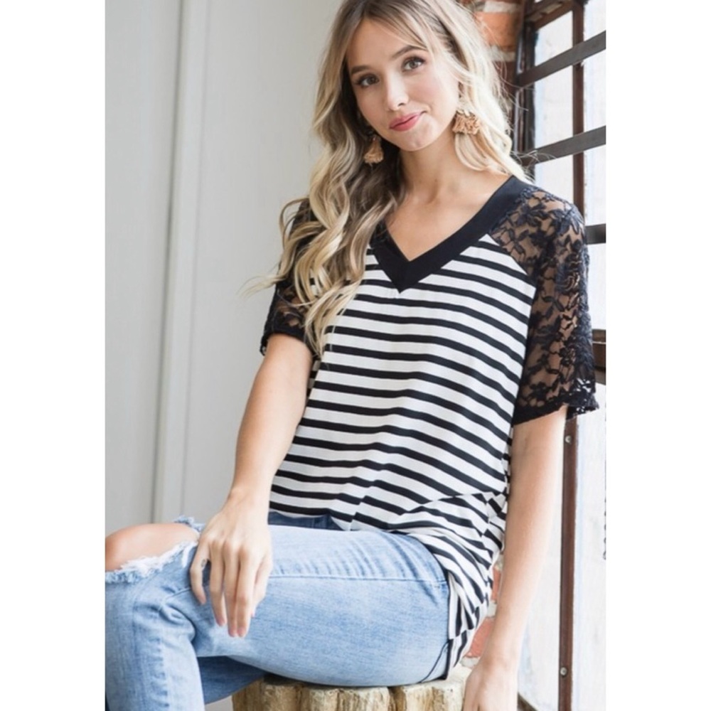 Soft Striped Top with Lace Sleeves